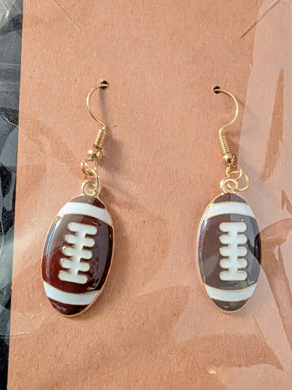 Hand Crafted Brown and White Football Dangle Earrings